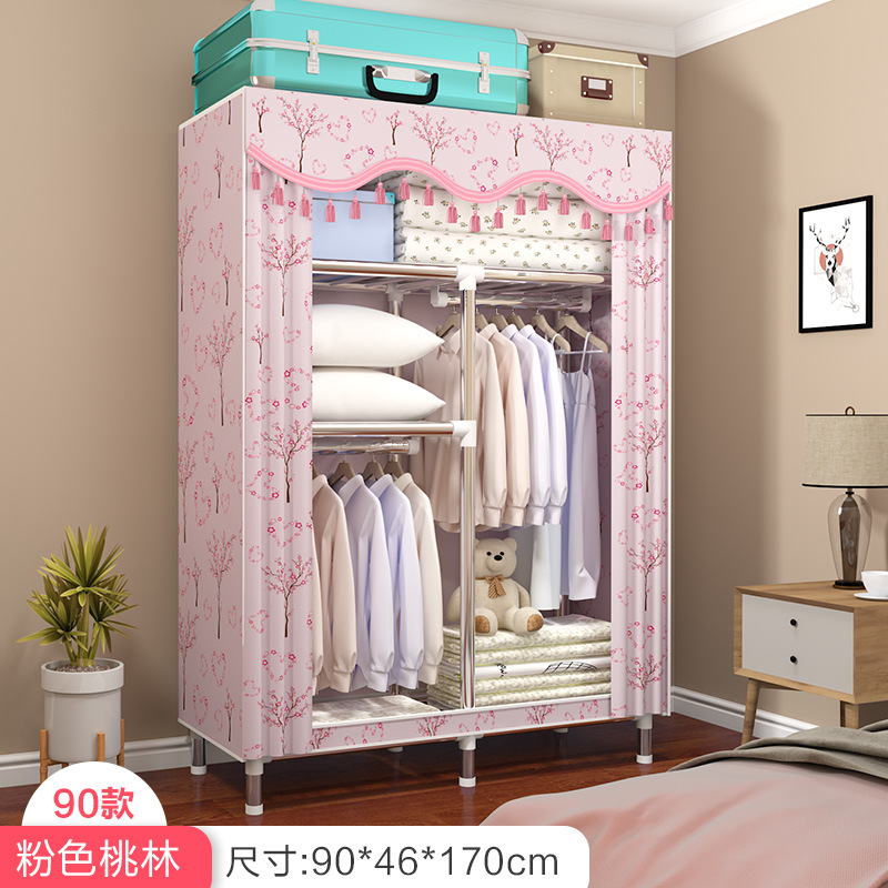 Wardrobe Simple Cloth Wardrobe Thickened Steel Pipe Reinforced Double Wardrobe Assembly Fabric Full Steel Frame Hanger Clothes Cabinet Storage