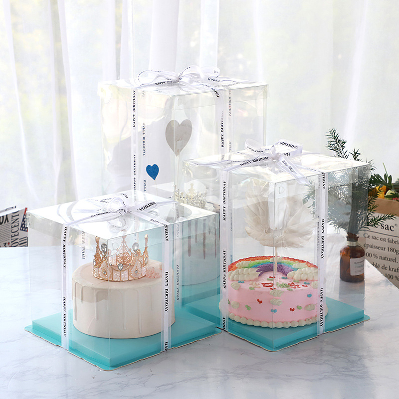 Factory Direct Supply Full Transparent Square Single Double Layer Heightened Cake Box Three-in-One Birthday Cake Box Transparent Customization