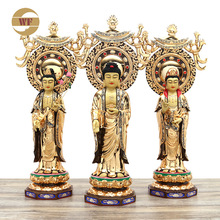 铜西方三圣佛像站像鎏金带背光阿弥陀佛大势至菩萨观世音菩萨摆件