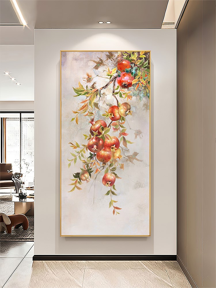 玄关装饰画手绘多福石榴油画新中式挂画客厅餐厅好寓意竖版壁画