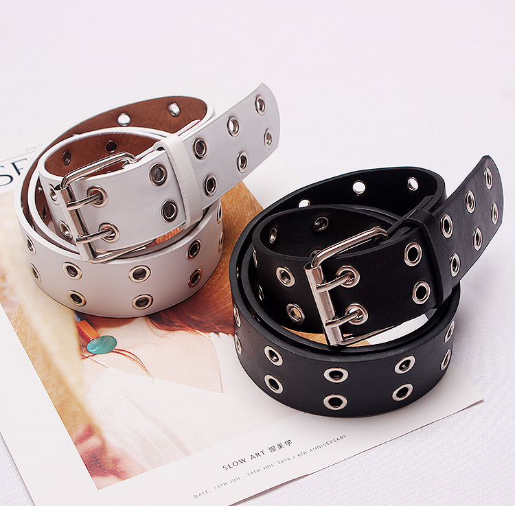 belt women factory in stock wholesale double row eyelet hip hop trend leather metal hollow women‘s punk belt