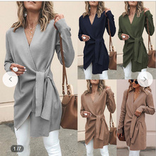 亚马逊ebay2023秋冬新款女装 纯色毛呢V领系腰带中长款休闲小外套