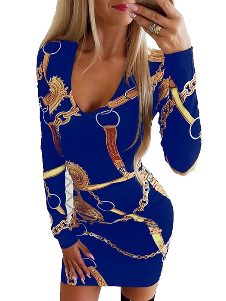 In Stock! Amazon Wish European and American Spring and Summer Chain Printed Sheath Slim-Fit Long Sleeve Dress Women