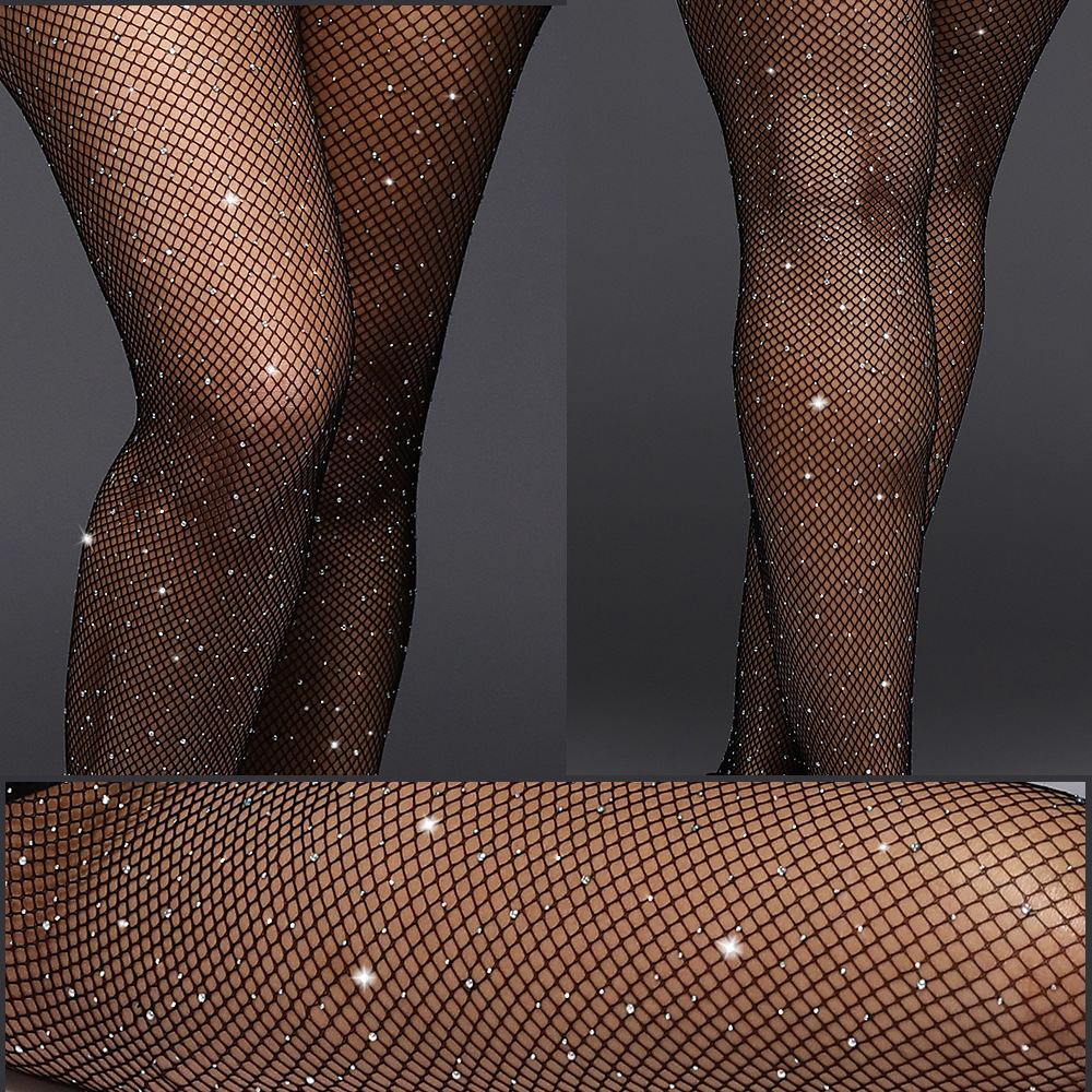 European and American Thin Sexy Mesh Rhinestone Pantyhose Sexy Sexy Fishnet Stockings Hollow Socks Women's White Diamond Socks Rhinestone Full