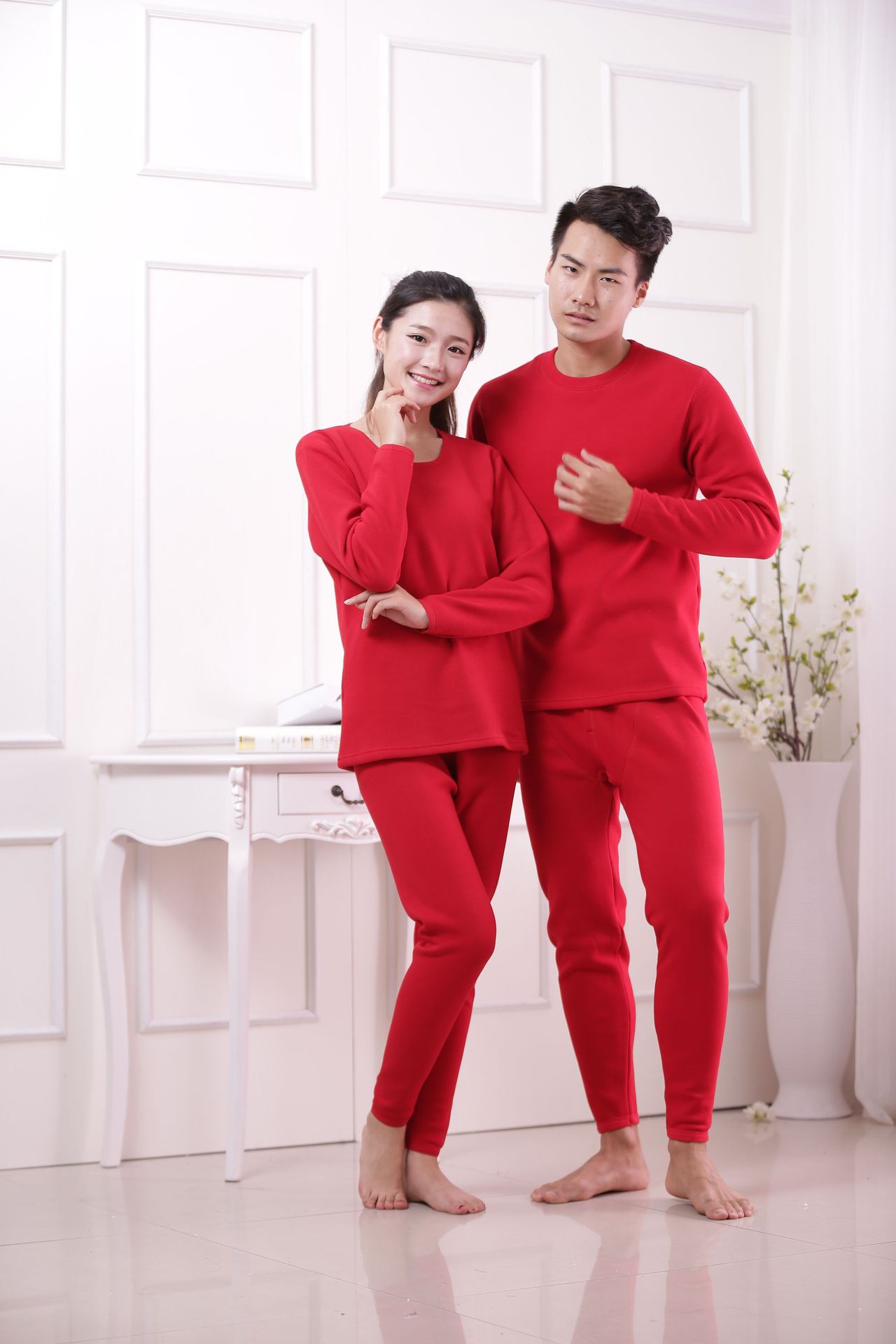 Men's Thermal Underwear Suit Fleece-Lined Thickened Middle-Aged and Elderly Warm Women's Pure Color Cotton Autumn Clothes Long Pants One Piece Dropshipping