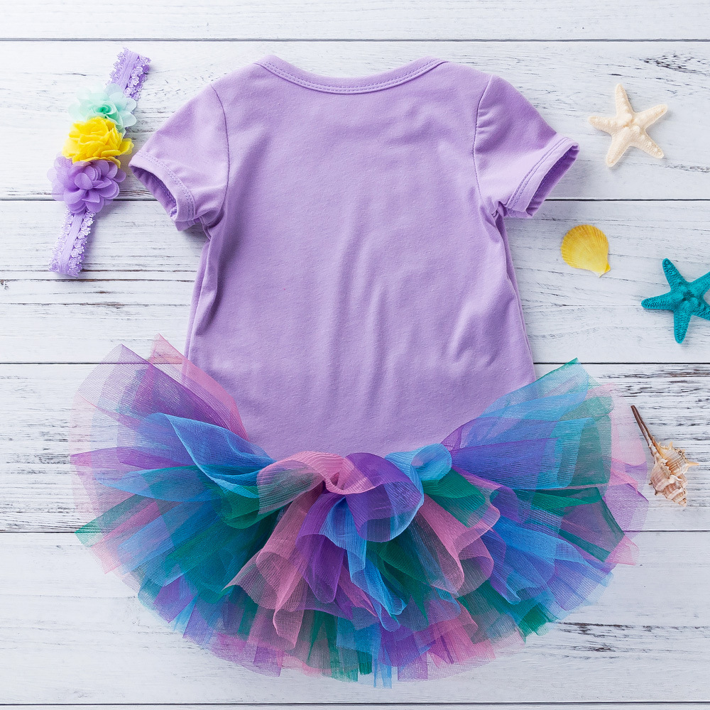 Cross-Border Spring Class a Cotton Girls' Short-Sleeved Cartoon Mermaid Romper Mesh Tutu Skirt Three-Piece Set Baby Clothes