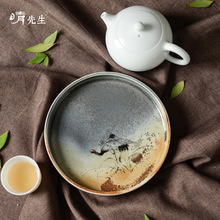 景德镇手绘仙鹤柴烧色开片壶承 陶瓷茶盘干泡盘 景德镇茶具茶托盘