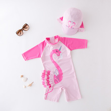 儿童游泳衣女童连体泳衣长袖粉色立体天鹅中小童沙滩防晒温泉玩水