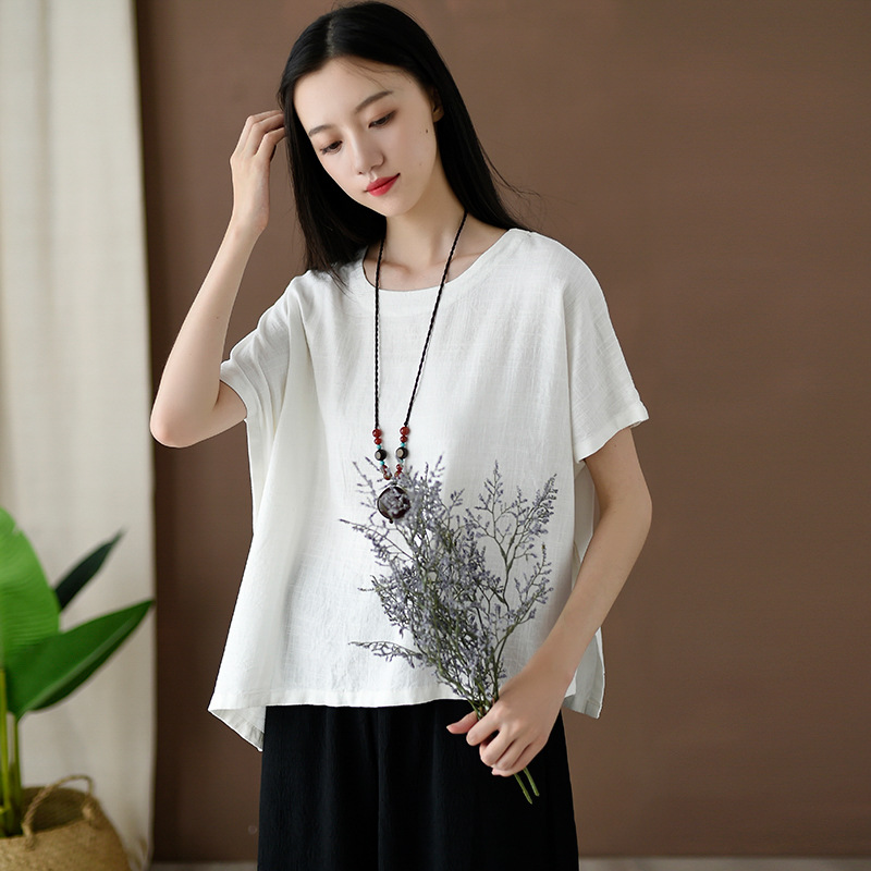 2024 spring and summer cotton linen new artistic loose large size solid color slimming patchwork irregular linen top women‘s t-shirt