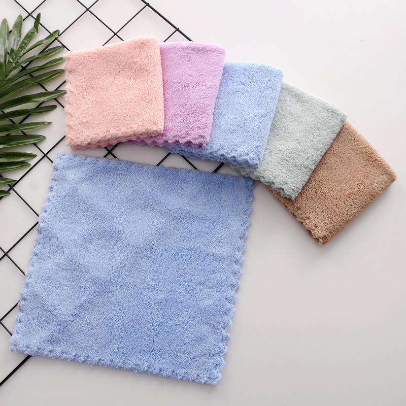Rag Towel Plain Coral Fleece Small Square Towel Lace Small Tower Absorbent Kindergarten Children Hand Towel Wholesale