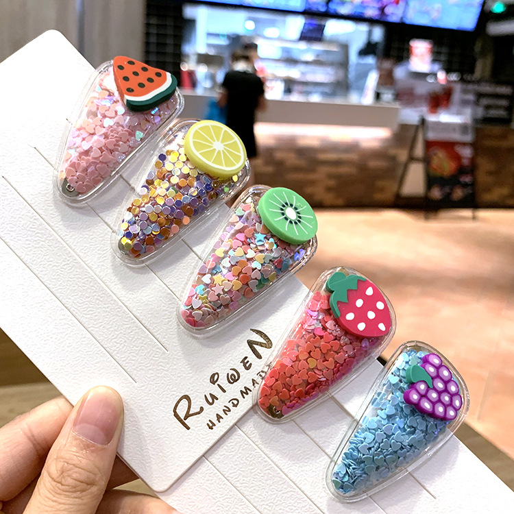 Korean Style New Colorful Quicksand Transparent Children's Fruit Barrettes Pvc Side Clip Baby Bb Side Chuck Ornament