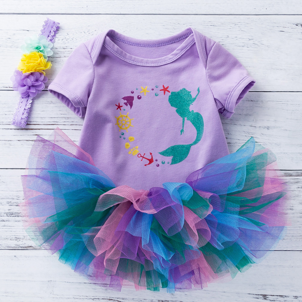 Cross-Border Spring Class a Cotton Girls' Short-Sleeved Cartoon Mermaid Romper Mesh Tutu Skirt Three-Piece Set Baby Clothes