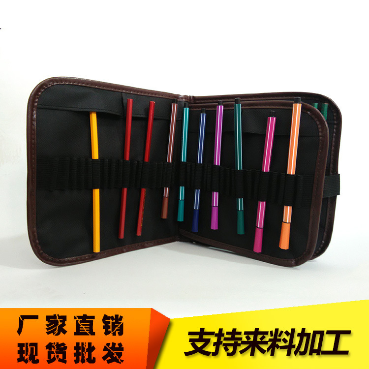 In Stock 72-Hole Folding Canvas Black Pen Curtain Colored Pencil Pen Bag Storage Multifunctional Unisex Pencil Case