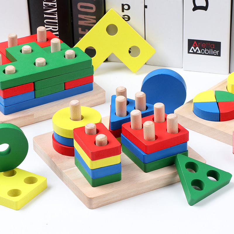 特价促销儿童益智几何形状认知配对积木四套柱木质玩具厂家批发