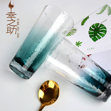 日式创意墨水蓝锤纹玻璃水杯 ins家用套料果汁饮料杯 冰川玻璃杯