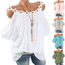 2024wish速卖通eBay夏季爆款欧美性感纯色花边露肩喇叭袖衬衫