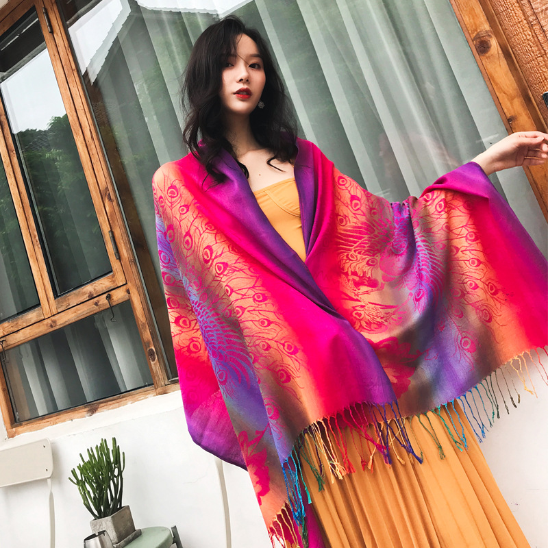 Colorful Gradient Peacock Women Bohemian Scarf Lijiang Ethnic Style Shawl Korean Style Jacquard Scarf Wholesale