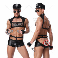 男士情趣制服诱惑酒吧夜店角色警察装黑色PU表演服性感情趣内衣