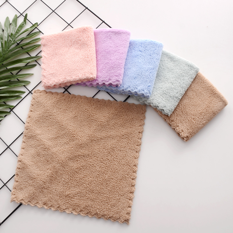 Rag Towel Plain Coral Fleece Small Square Towel Lace Small Tower Absorbent Kindergarten Children Hand Towel Wholesale
