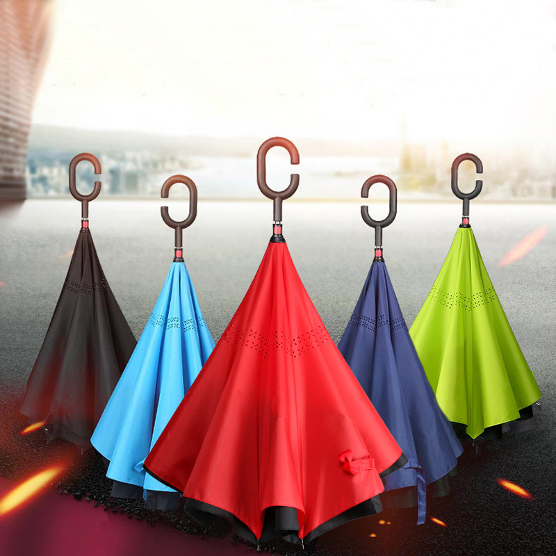 c- type free straight rod car reverse umbrella solid color printed logo advertising umbrella double-layer extra-large windproof long handle umbrella