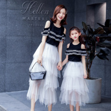 木瓜牛奶夏季时尚母女装韩版气质显瘦网纱中长款亲子连衣裙两件套