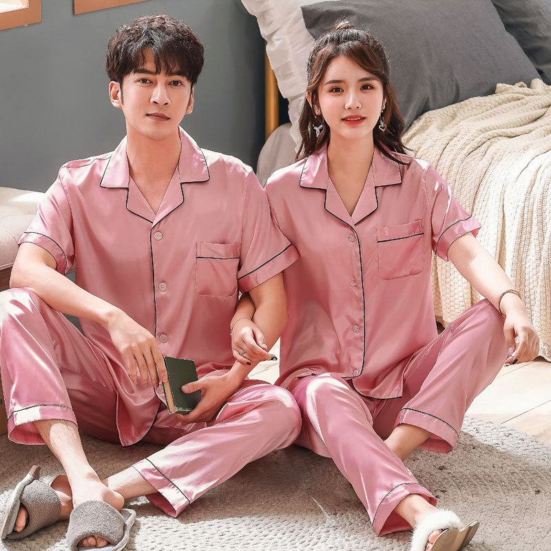 New Spring Summer Autumn Men's Lady Couple Imitated Silk Pajamas Silk Wedding Long Sleeve Short Sleeve Home Wear Suit