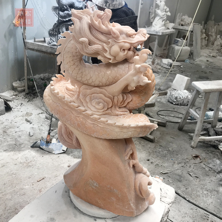 石雕晚霞红龙雕塑晚霞红户外喷水动物园林十二生肖石材龙景观摆件