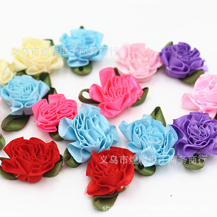 批发加叶康乃馨涤纶带小花 DIY手工服饰鞋帽包 内衣装饰配件