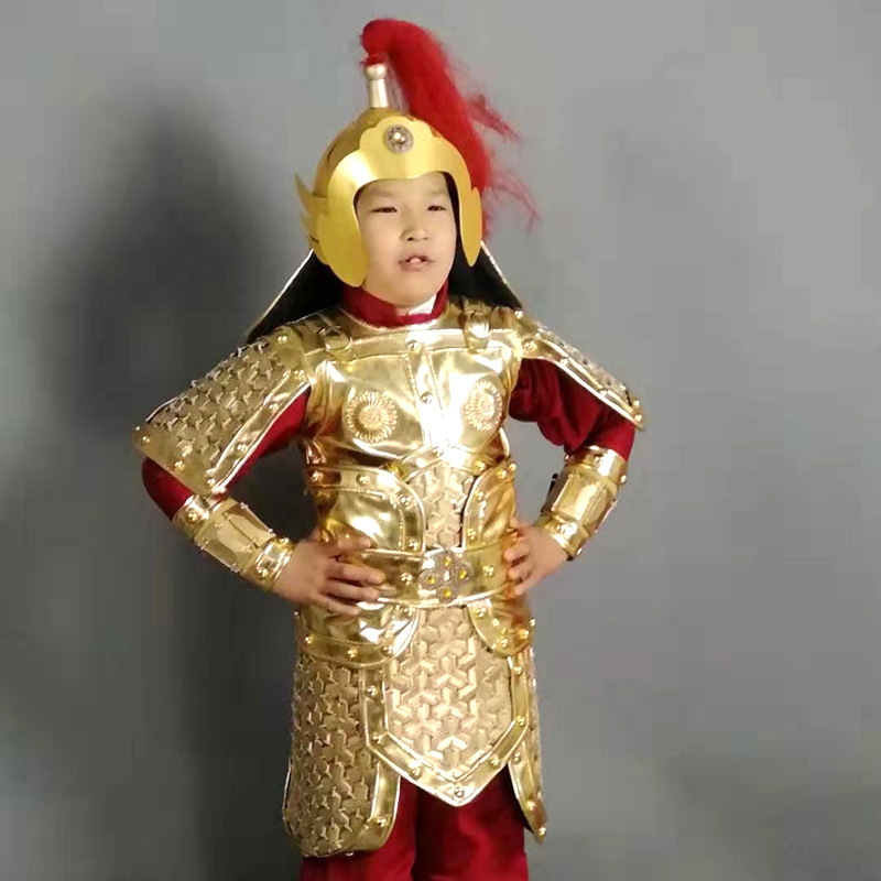 儿童古代士兵将军服装金色盔甲头盔套装影视道具三国舞台演出服装
