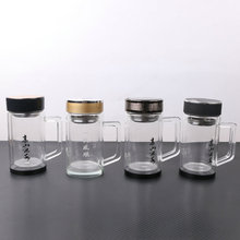 厂家供应透明双层玻璃杯 带手柄商务办公水杯 广告礼品杯印制logo
