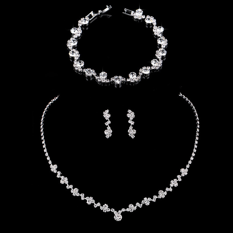 Bridal Jewelry Cross-Border Hot-Selling Shiny Rhinestone Earrings Necklace Bracelet Set European and American Fashion Cross-Border Hot-Selling Necklace