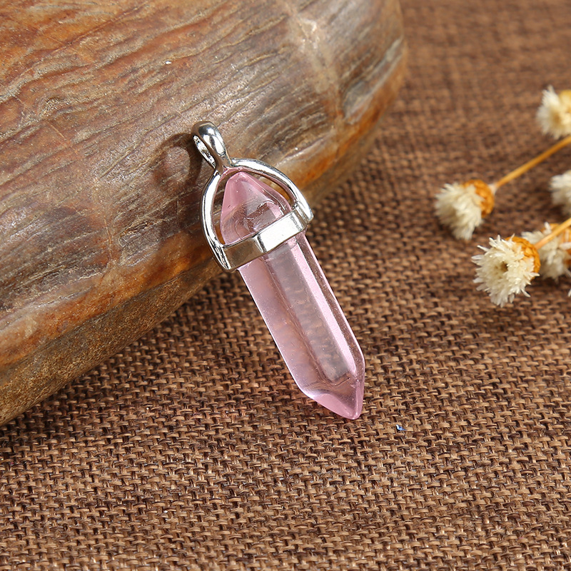 Cross-Border Hot Selling Natural Stone Amethyst Pink Crystal White Crystal Hexagon Prism Pendant Double Pointed Bullet Necklace Wholesale