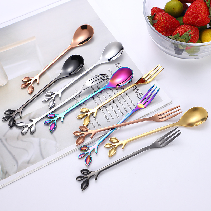 Creative Leaf Spoon Stainless Steel Coffee Spoon Nordic Simple Mixing Spoon Golden Stainless Steel Spoon European Style Small Spoon Fork