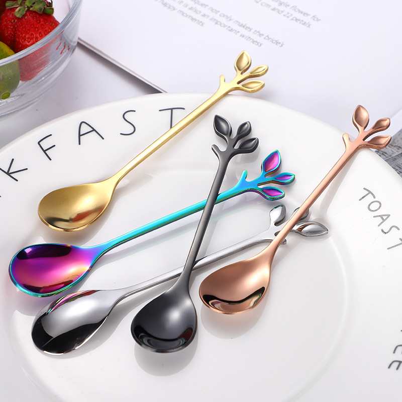 Creative Leaf Spoon Stainless Steel Coffee Spoon Nordic Simple Mixing Spoon Golden Stainless Steel Spoon European Style Small Spoon Fork