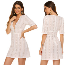 亚马逊ebay欧美女装春夏跨境收腰短裙性感深V低胸镂空连衣裙