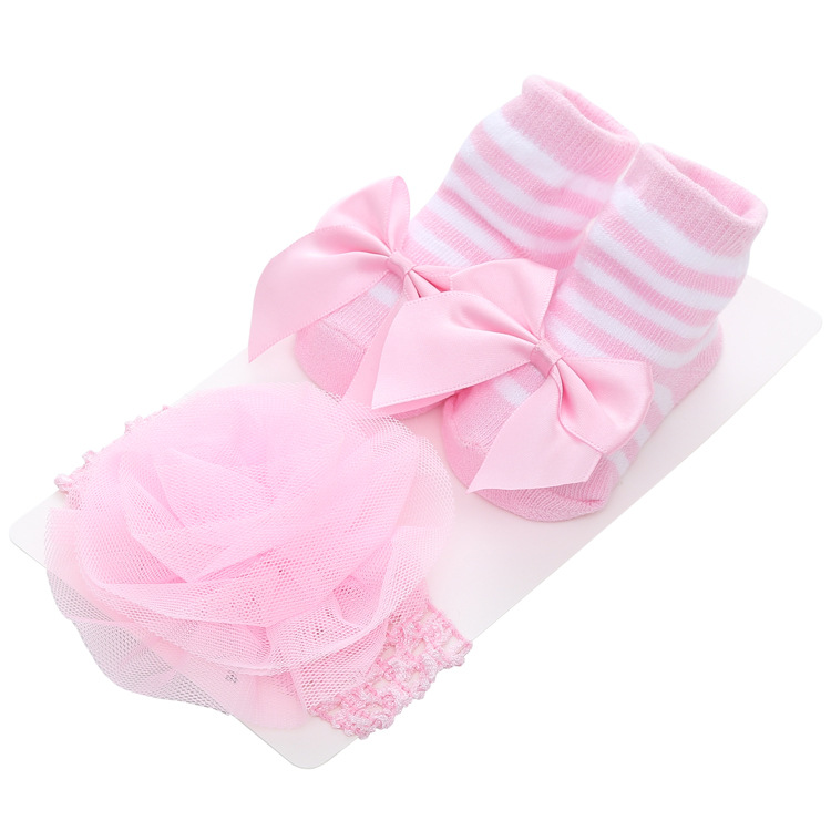 New Striped Solid Color Lace European and American Baby Socks Bow Cute Princess Baby Socks Hair Band Set