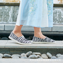 田园风条纹棉麻女式单鞋花布鞋批发秋季 创意一脚蹬休闲鞋