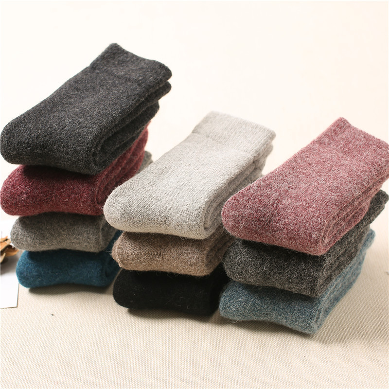 High-Content Wool Socks Men's Winter Mid-Calf Length Socks Women's Thickened Fleece-Lined Warm Winter Terry Solid Color Cashmere Socks