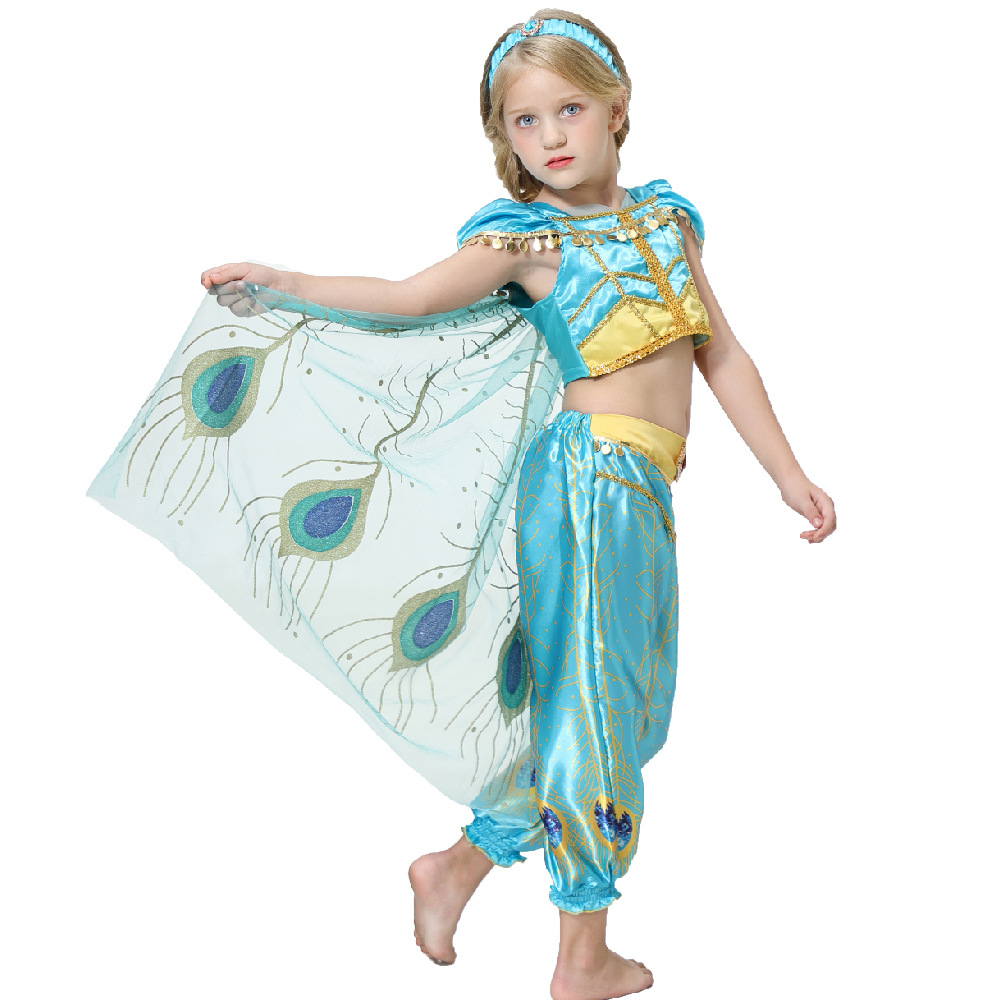 阿拉丁女童套装2019茉莉公主儿童真人版绿色Jasmine表演服万圣节