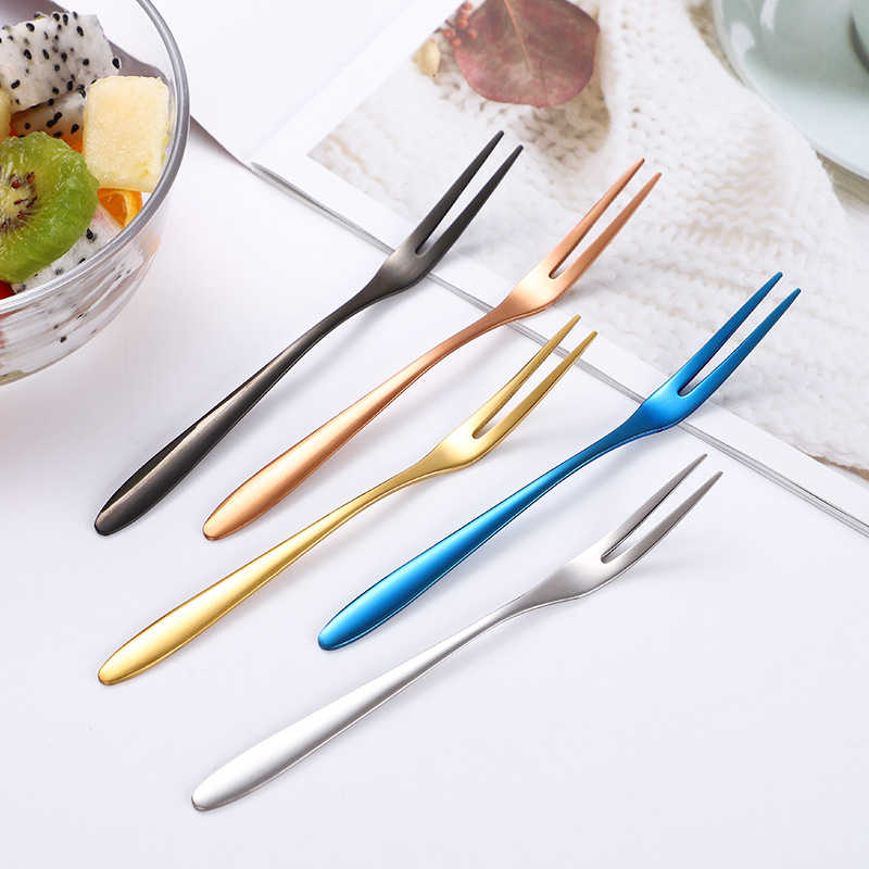 304 Stainless Steel Fruit Fork Western Dessert Stick Salad Fork Creative Two-Tooth Cake Fork Hotel Supplies Tableware