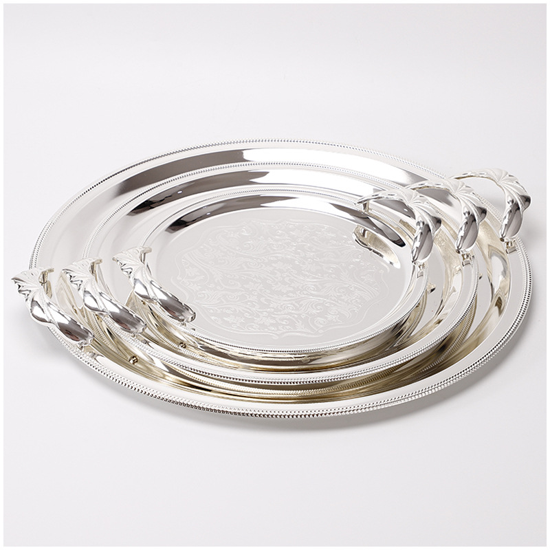 Factory Direct Supply Silver-Plated Fruit Plate European-Style Silver-Plated Vintage Craft Plate Double Handle Garden Plate Customization