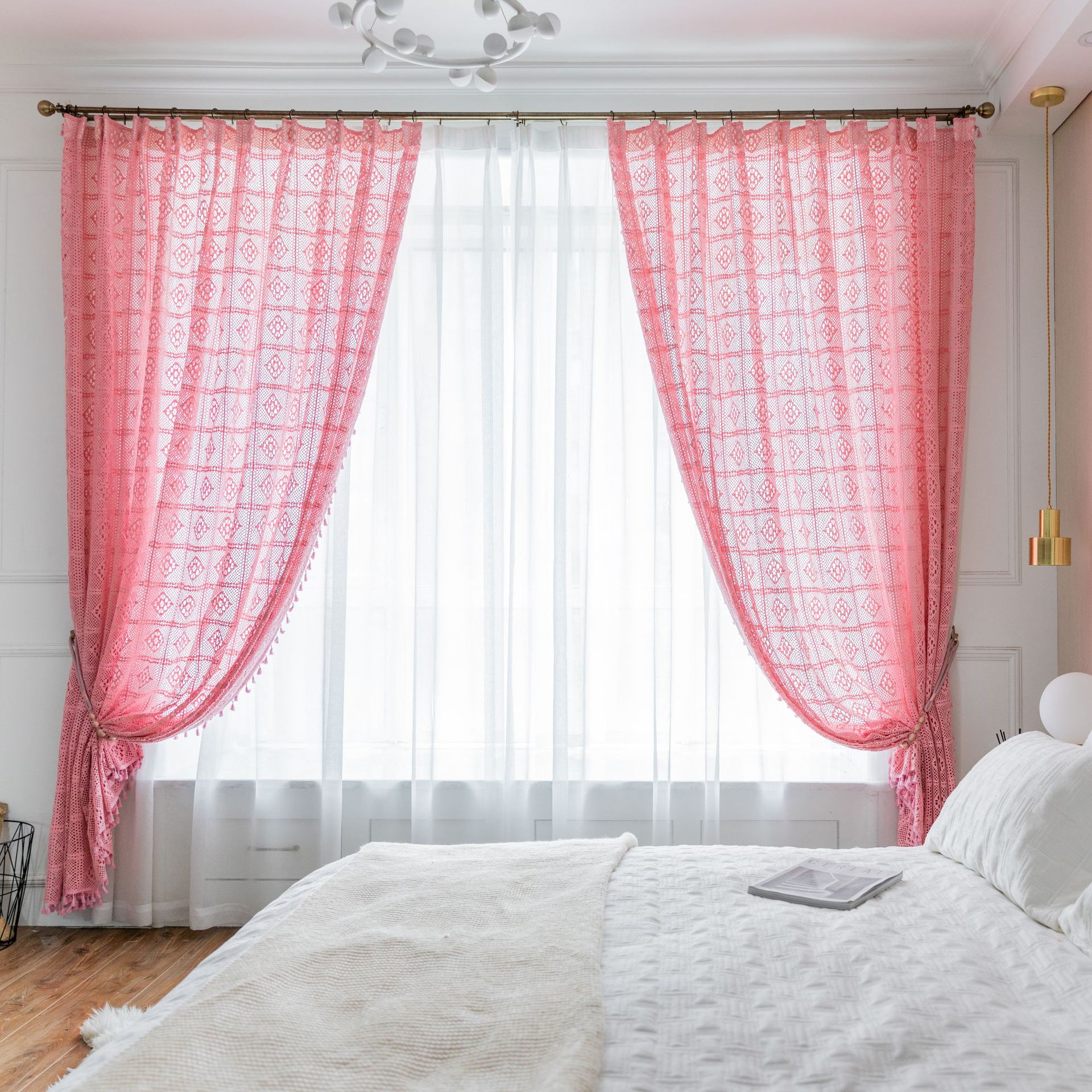 粉色绿色透光复古镂空窗帘成品钩针北美乡村布艺落地窗纱飘窗