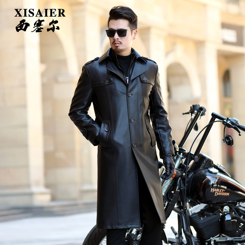 Extended Leather Coat for Men Autumn and Winter New over-the-Knee Fur Coat Business Casual Leather Coat Fleece Leather Jacket Men