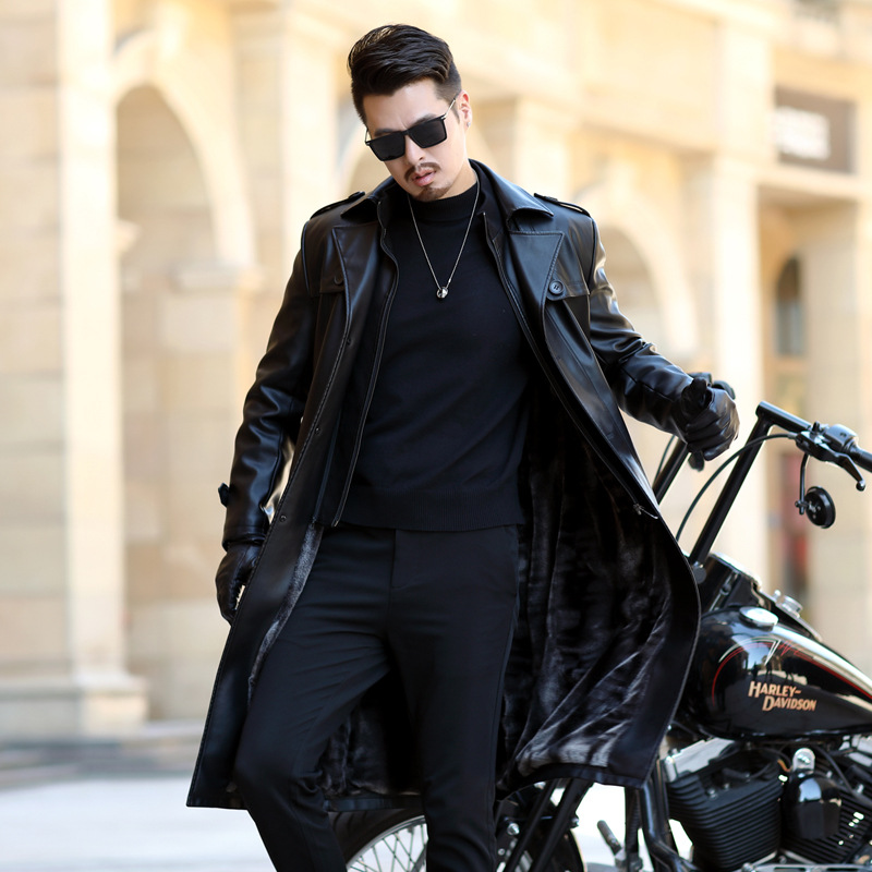 Extended Leather Coat for Men Autumn and Winter New over-the-Knee Fur Coat Business Casual Leather Coat Fleece Leather Jacket Men