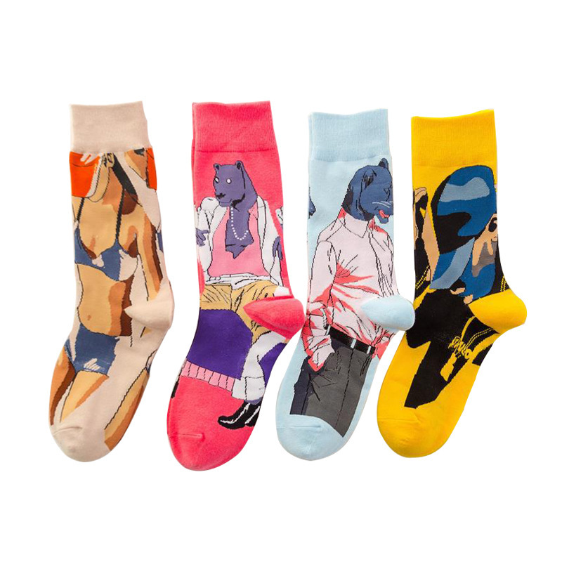 秋冬新款个性人物系列彩色花袜子潮流街头嘻哈男女中筒袜-阿里巴巴