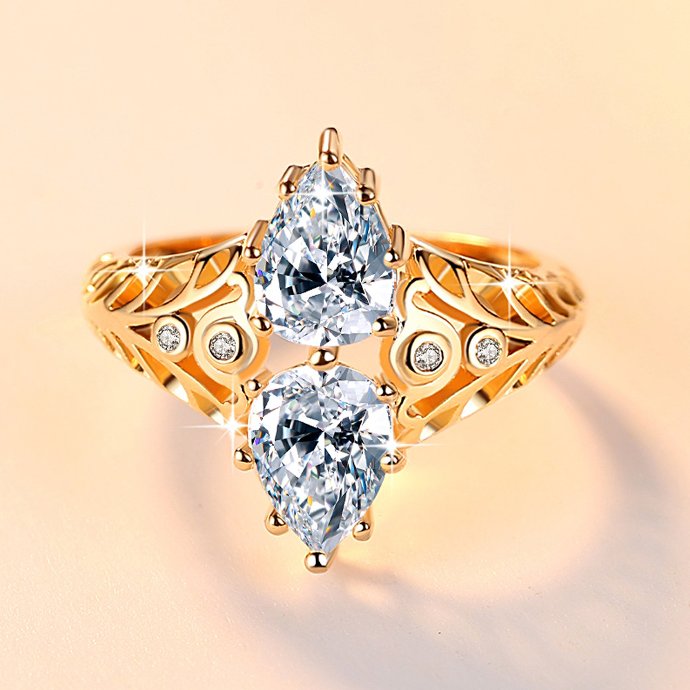 跨境货源锆石戒指 热卖双水滴戒指 欧美时尚镂空镶钻饰品直供ebay