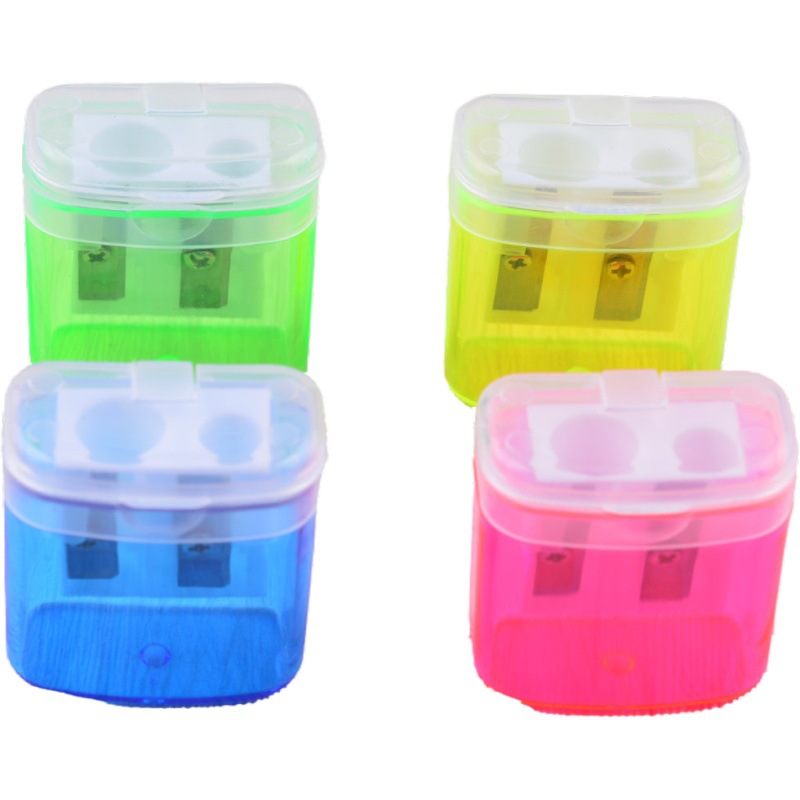 Double Hole with Lid Plastic Pencil Sharpener Square Penknife Pencil Sharpener Transparent Printable Logo Cross-Border Factory Direct Sales