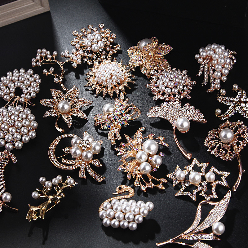 lanhao hot sale japanese and korean fashion full pearl swan rhinestone flower brooch corsage women‘s accessories factory direct sales