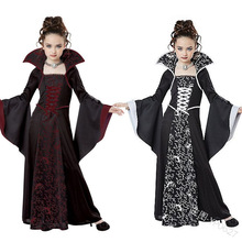 欧美 万圣节儿童吸血鬼系带大立领喇叭袖印花 方领爆款撞色连衣裙