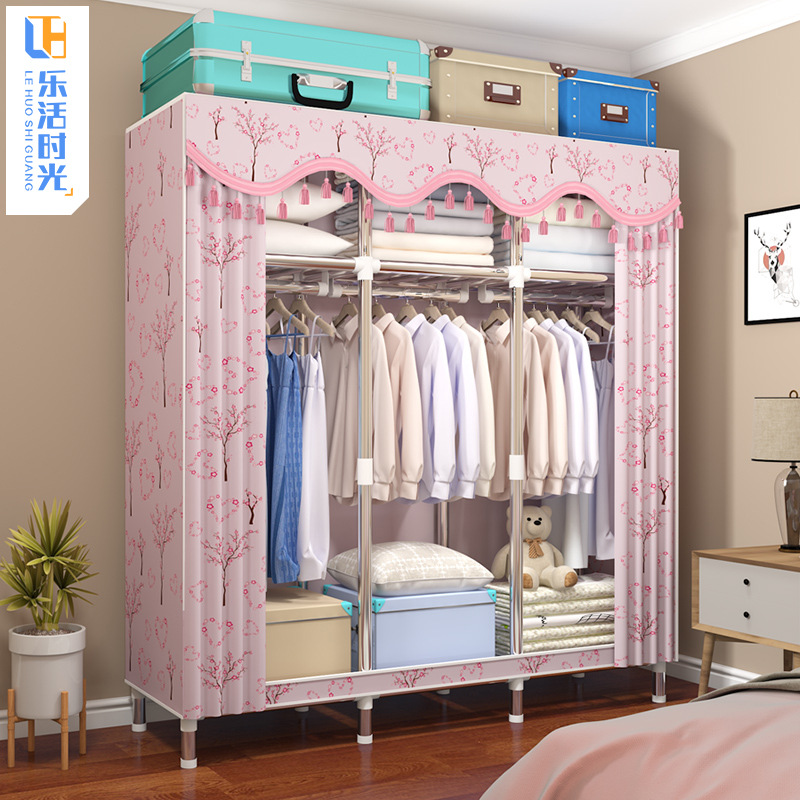 Wardrobe Simple Cloth Wardrobe Thickened Steel Pipe Reinforced Double Wardrobe Assembly Fabric Full Steel Frame Hanger Clothes Cabinet Storage
